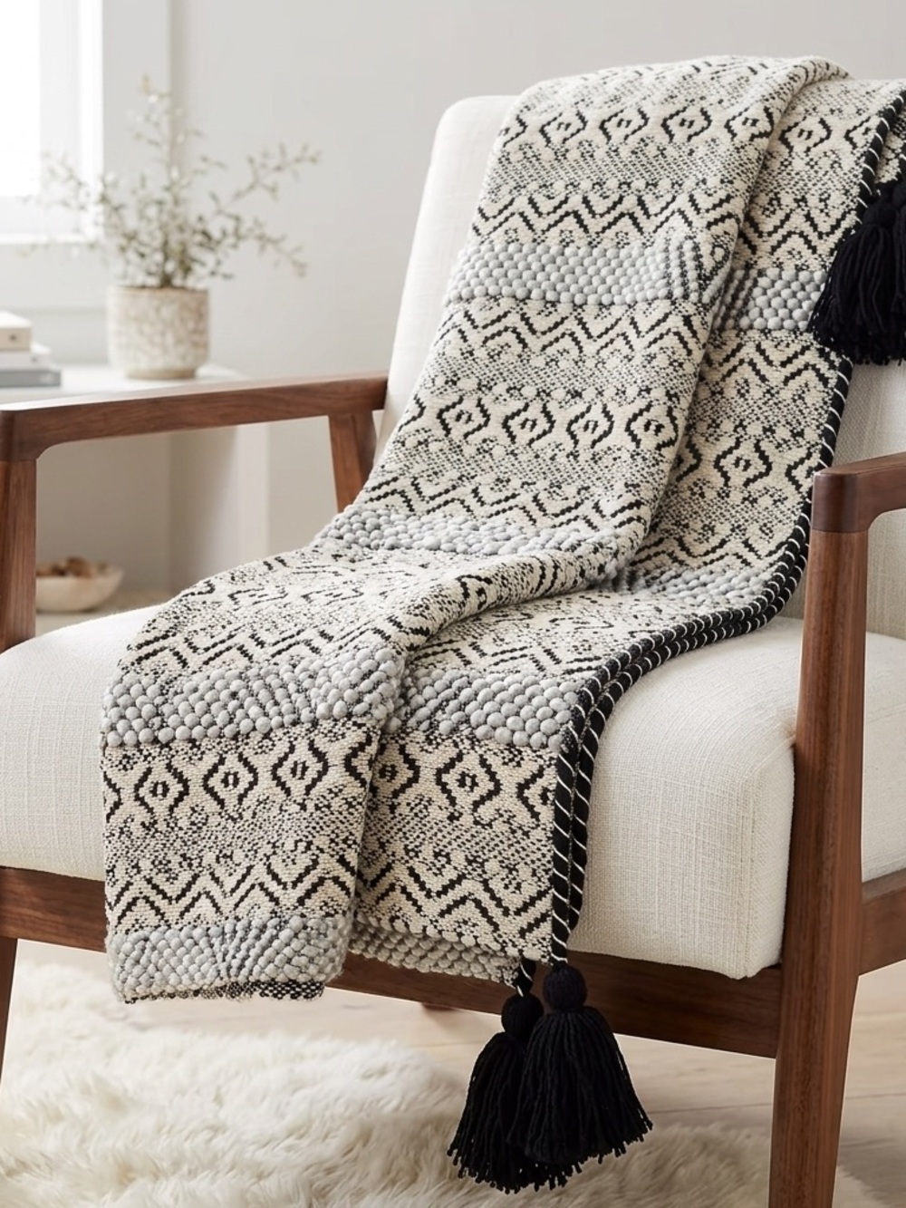 Max Studio Home Black and White Textured Knit Throw Blanket